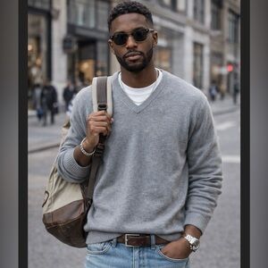 Paul Fredrick Sweater Gray 100% Cotton V-Neck Pullover Long Sleeve Size XL